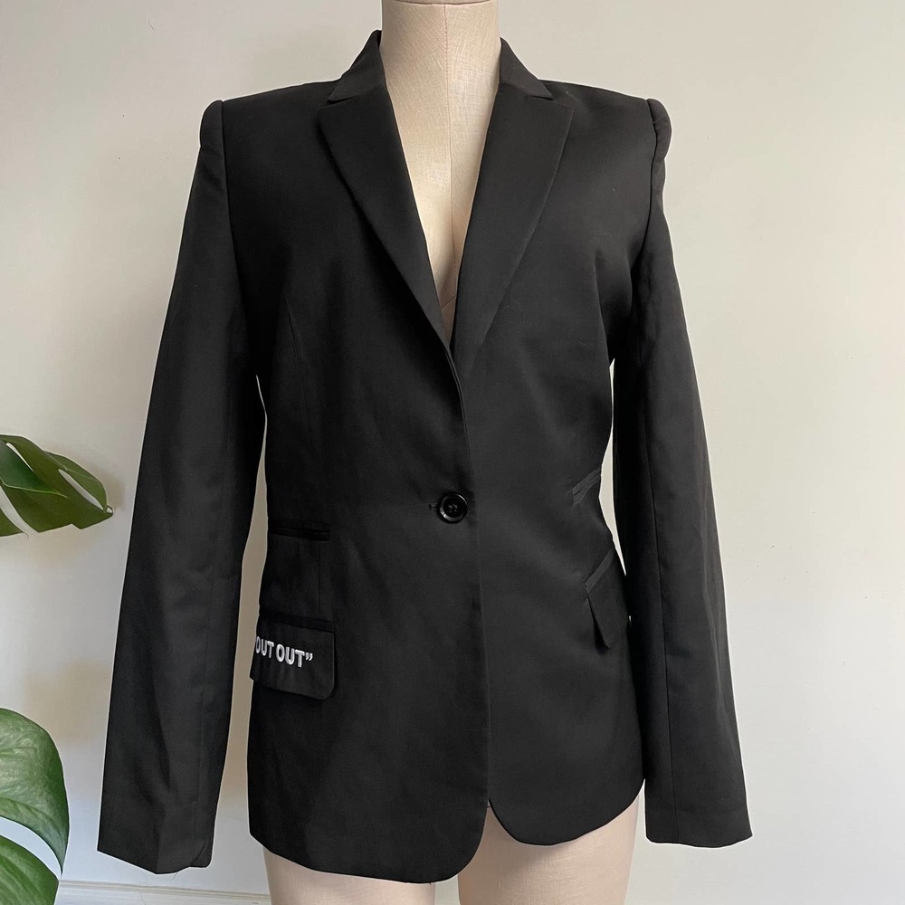 Sisters + Seekers Classic Black Blazer One Button Graphic Embroidered "Out Out"